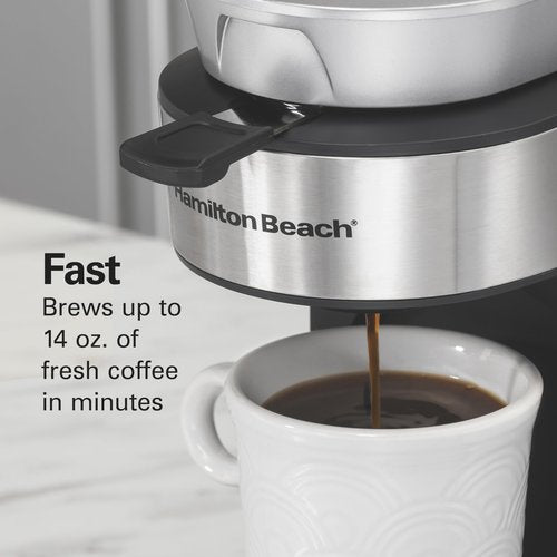 Hamilton Beach The Scoop Single Serve Coffee Maker & Fast Grounds Brewer for 8-14oz. Cups, Brews in Minutes, 40oz. Removable Reservoir, Stainless Steel (49987),Silver
