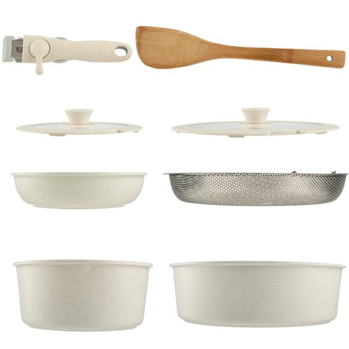 8-Piece Nonstick Induction Ceramic Cookware Set with Detachable Handle, Lids, Spatula & Steam Pan – Kitchen Essentials by Home-Complete (Cream)