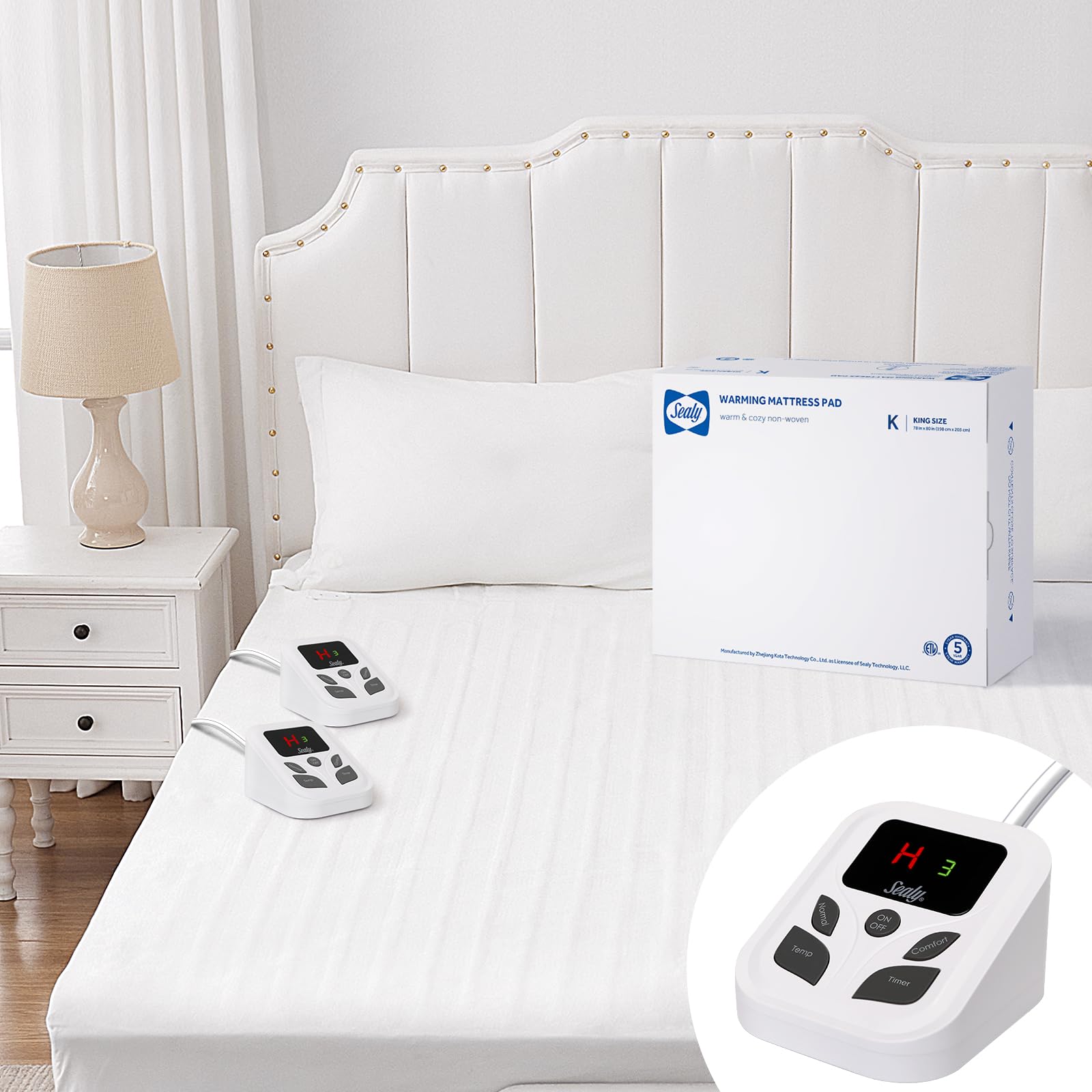 Sealy Heated Mattress Pad King Size 78x80 Inch with Dual Control 10 Heated Settings | Zone Heating Electric Mattress Pad | Auto Shut Off 1-9 Hours| Fit Up to 17" Deep Pocket | Machine Washable