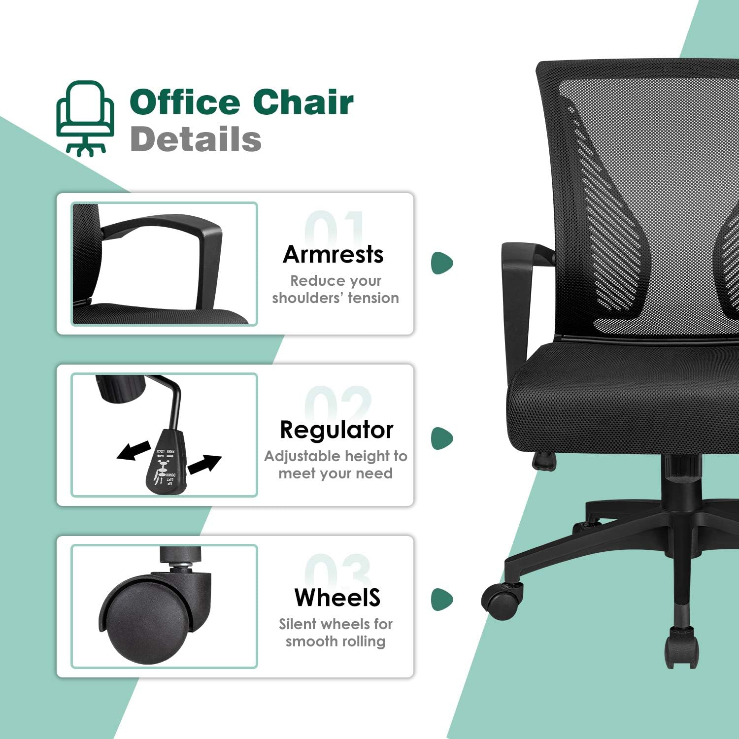 Tuoze Ergonomic Office Chair - Mid Back Mesh Design with Lumbar Support & Armrests | Black