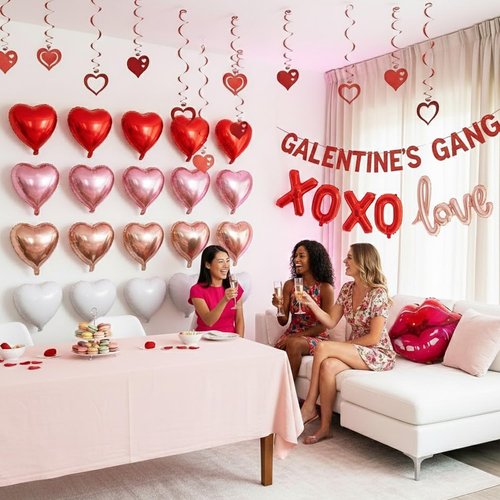Galentine’s Day Decorations Pack – Heart Balloon Wall Kit with XOXO Balloons, Galentines Gang Banner & Hanging Hearts, Girls Night & Bachelorette Party Decor Set