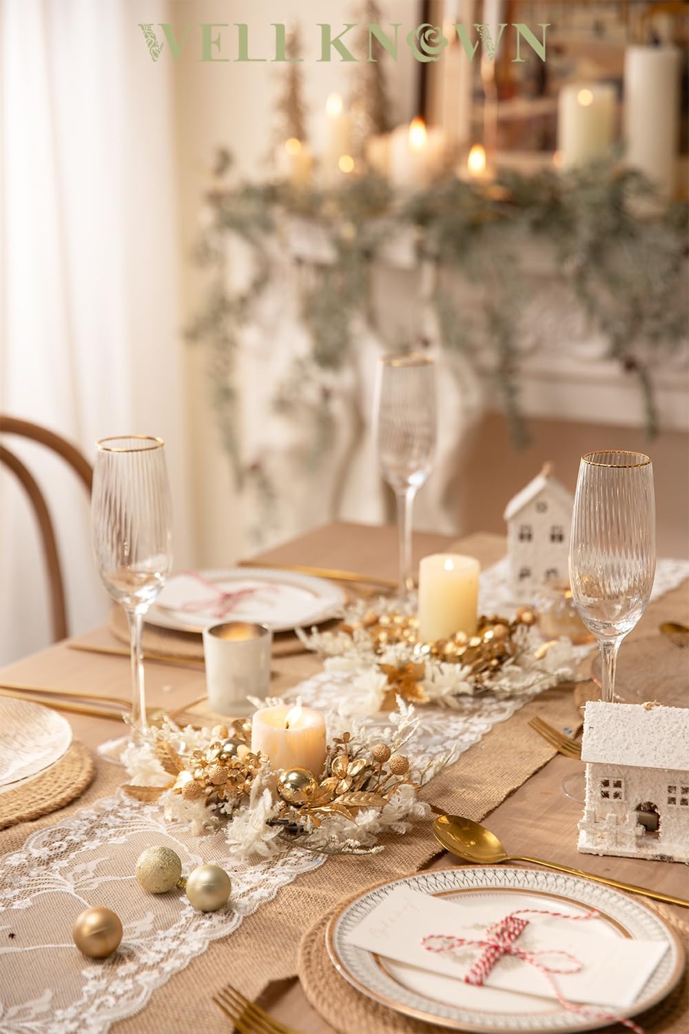 Well Known Mini Golden White Floral Candle Rings - 9" Decorative Wreaths for Home & Events