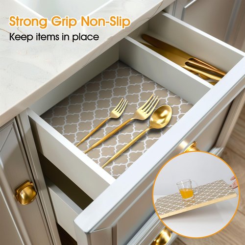 Shinlendid Shelf and Drawer Liner for Kitchen Cabinets Non-Adhesive, Strong Grip Non-Slip Thickened Cabinet Liners for Shelves, Waterproof Mats for Dresser Cupboard, Beige, 12 in x 20 Feet