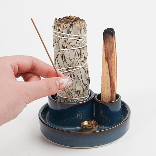 Fancy Lemon 4 in 1 Incense Holder, Palo Santo Stick Holder,Sage Holder for Burning- 4.25" Sage Incense Holder for Meditation Room Home Decor (Blue Reactive)