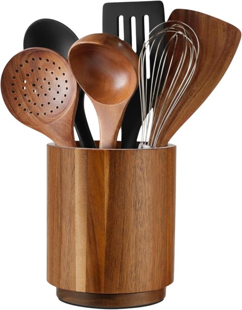 Linda's Essentials Acacia Wooden Utensil Holder - 360° Rotating Non-Slip Design | 7.2" Kitchen Organizer