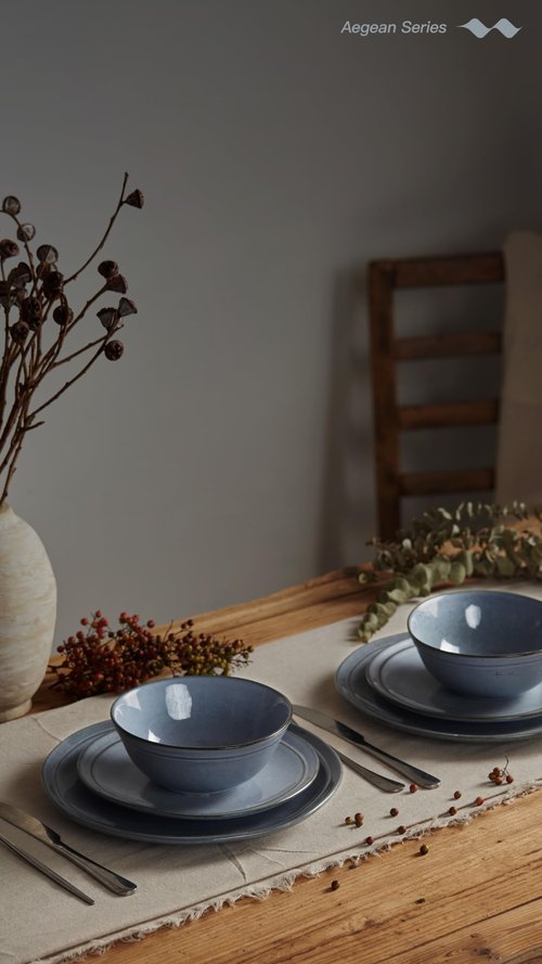 Famiware Aegean Stoneware Dinnerware Set for 8, Plates and Bowls Sets, 24 Pieces Scratch Resistant Dinner Set, Handmade Irregular Round Dishes - Microwave and Dishwasher Safe, Blue Grey