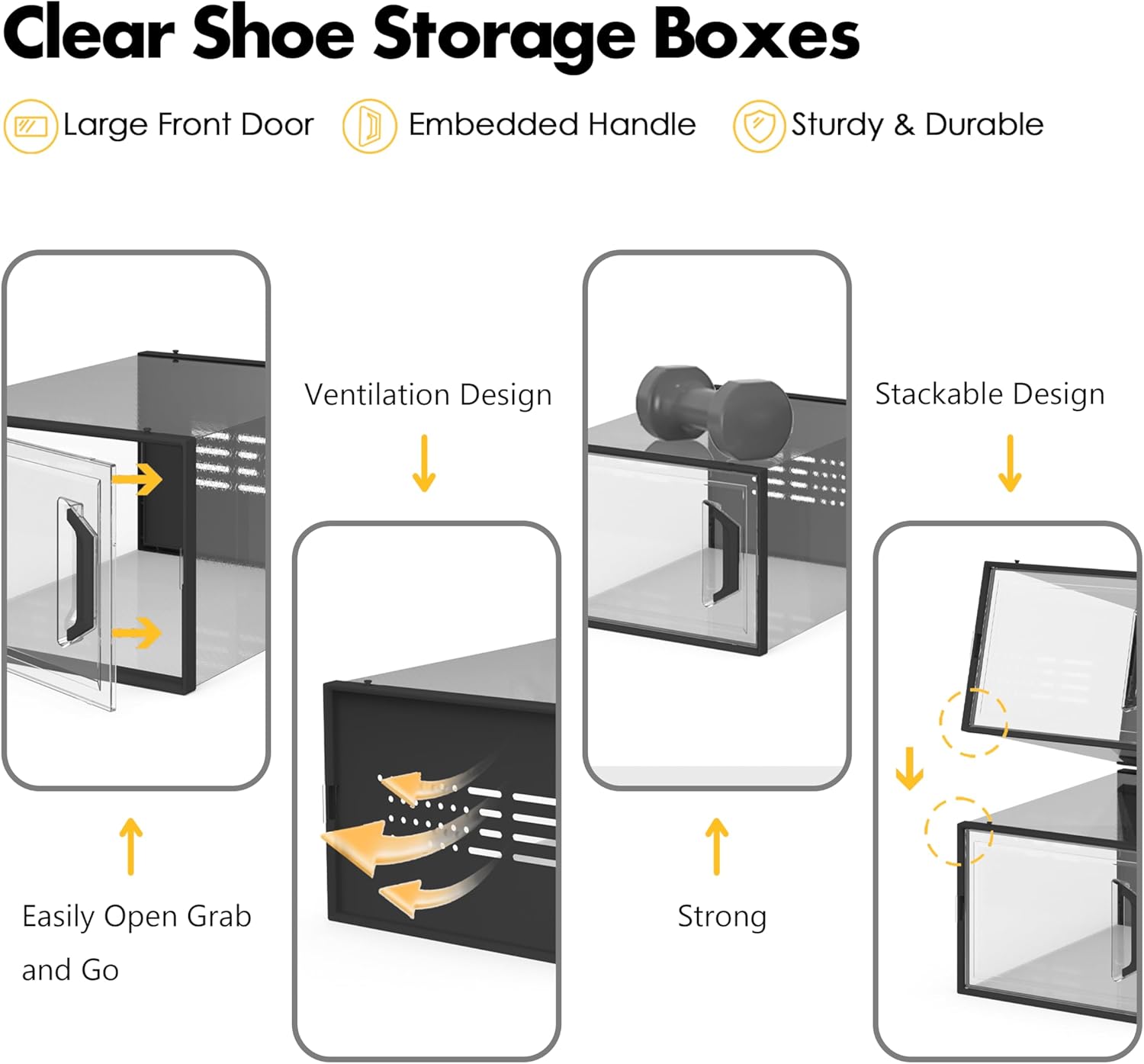 SEE SPRING X-Large Shoe Storage Box - Clear Plastic Stackable Organizer for Size 11 Sneakers | 12 Pack Black