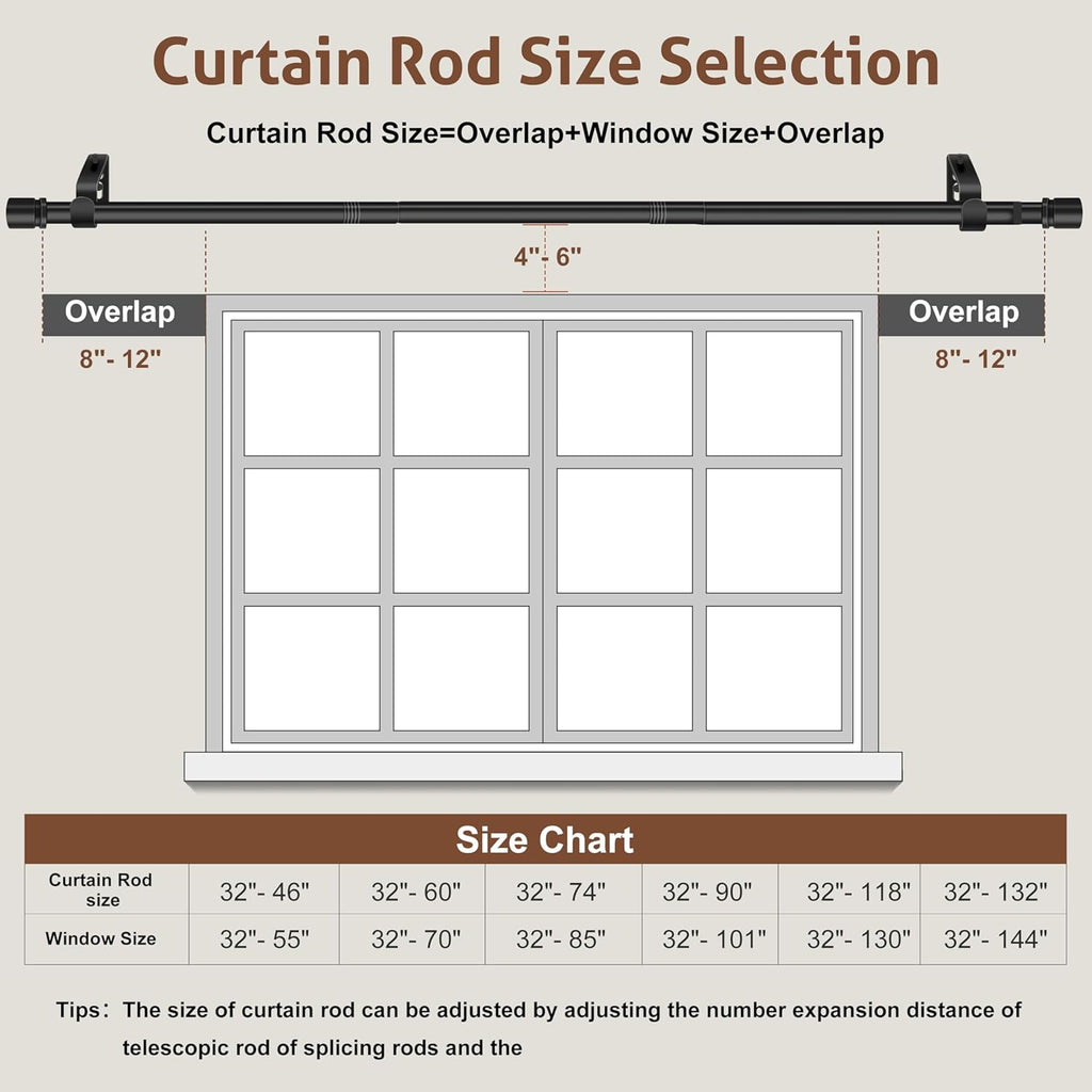 XDW-GIFTS Black Heavy Duty Curtain Rod - Adjustable 32 to 46 Inch, 1 Inch Diameter for Modern Decor