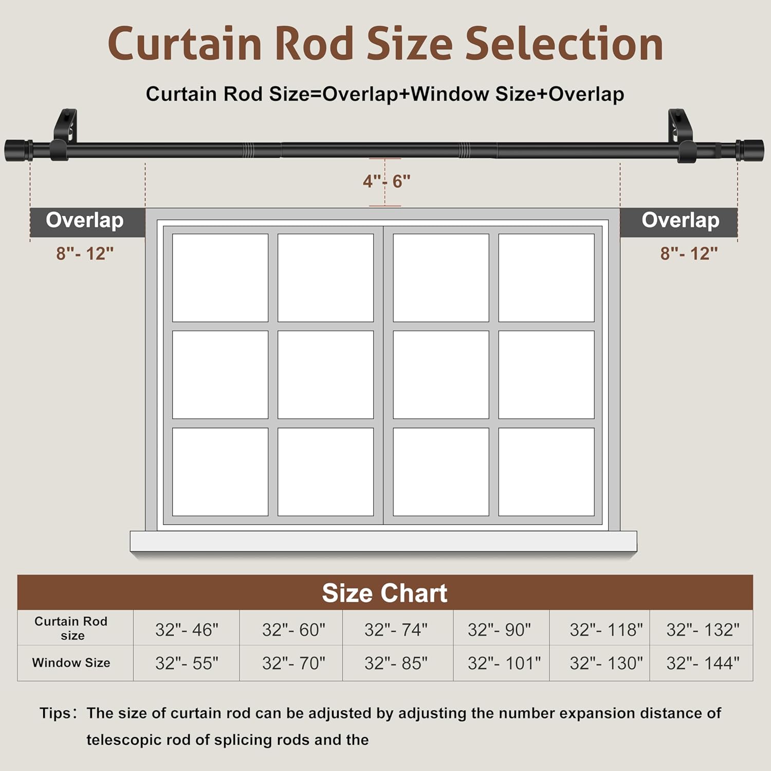 XDW-GIFTS Black Heavy Duty Curtain Rod - Adjustable 32 to 46 Inch, 1 Inch Diameter for Modern Decor
