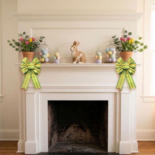 Hying Easter Wreath Bows - 2-Piece Yellow Green Striped Burlap Decor for Front Door & Parties