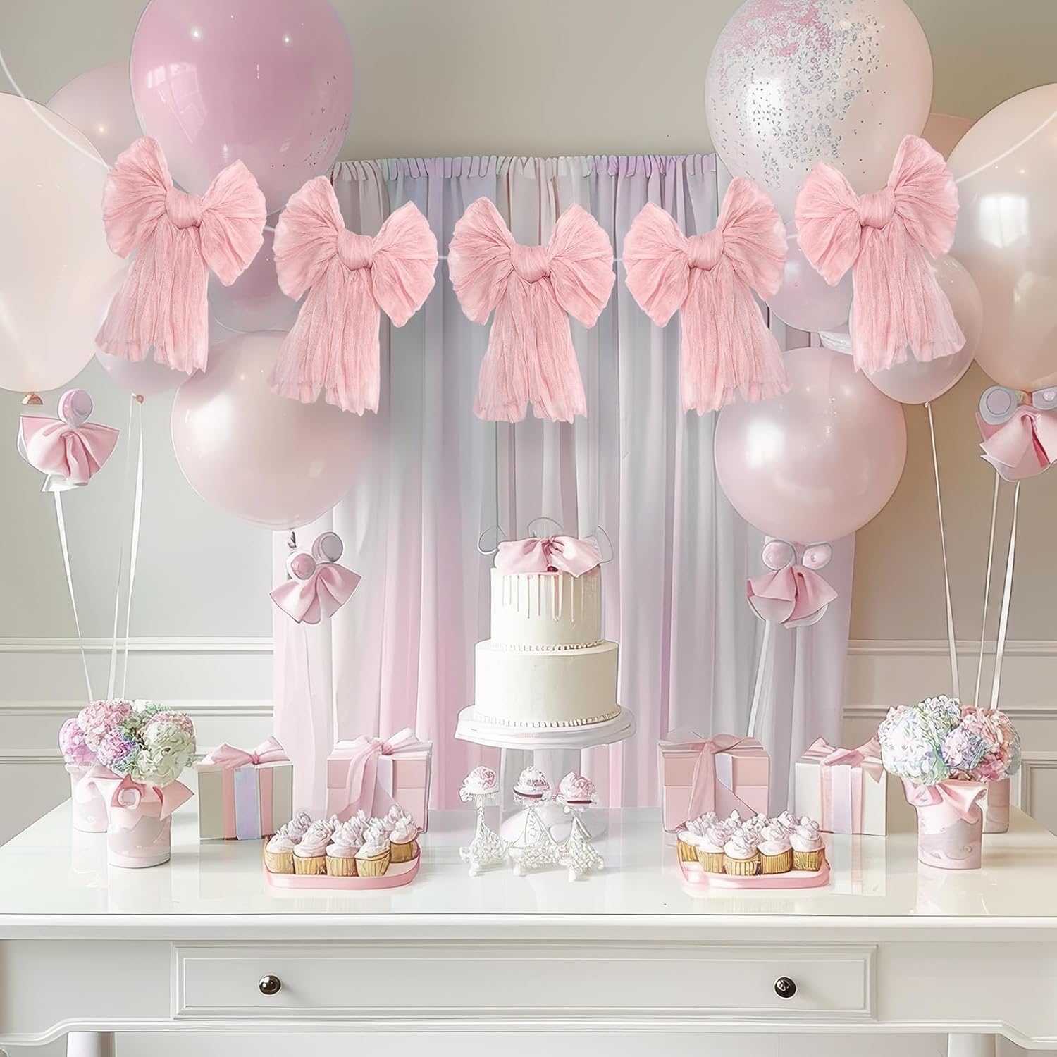 VitalCozy Pink Bow Garland Banner - Elegant Hanging Decorations for Birthday & Baby Showers