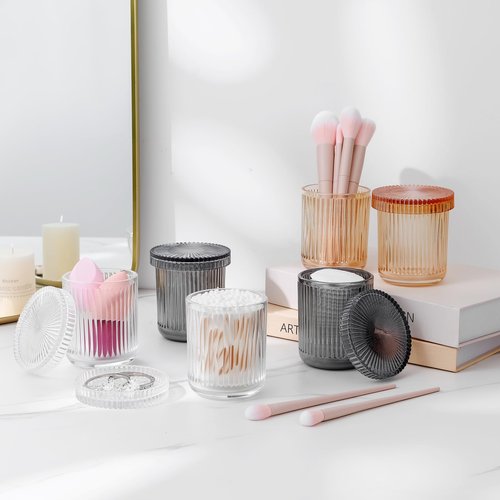 rejomiik Glass Qtip Holder Dispenser 2 Pack, Bathroom Canister Apothecary Jars with Lids, Vanity Makeup Accessories Storage Organizer for Cotton Swabs, Cotton Balls, Pads, Floss Picks, Clear