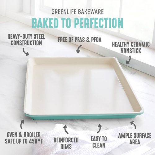 GreenLife Bakeware Half Cookie Sheet - Non-Toxic PFAS-Free Ceramic, 18” x 13”, Easy Release, Turquoise