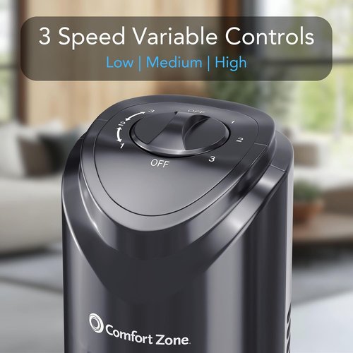 Comfort Zone Oscillating Tower Fan - Ultra-Slim Bladeless Design with 3 Speeds & 90° Oscillation | Quiet Portable Fan for Home or Office, Black