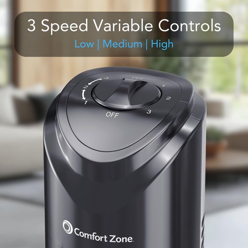 Comfort Zone 32-Inch Oscillating Tower Fan – Ultra-Slim Bladeless Design with 3 Speeds, 90° Wide Oscillation & Built-in Carry Handle – Quiet Portable Standing Fan for Bedroom, Home, or Office, Black