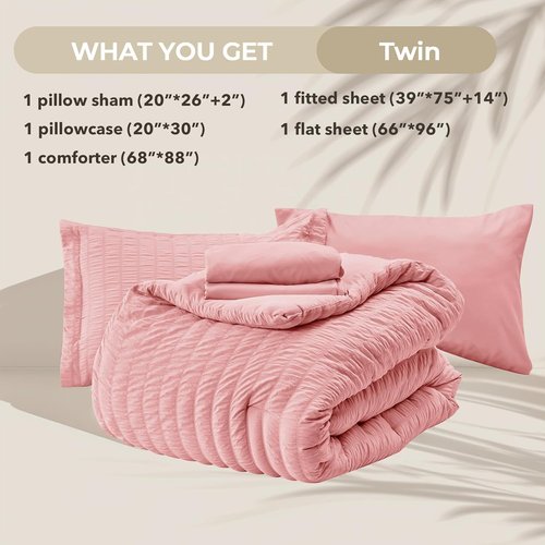 HYMOKEGE Twin Comforter Set - Rose Pink Seersucker 5-Piece Luxury Bedding Set | All-Season Comforter, Sheets & Pillowcase