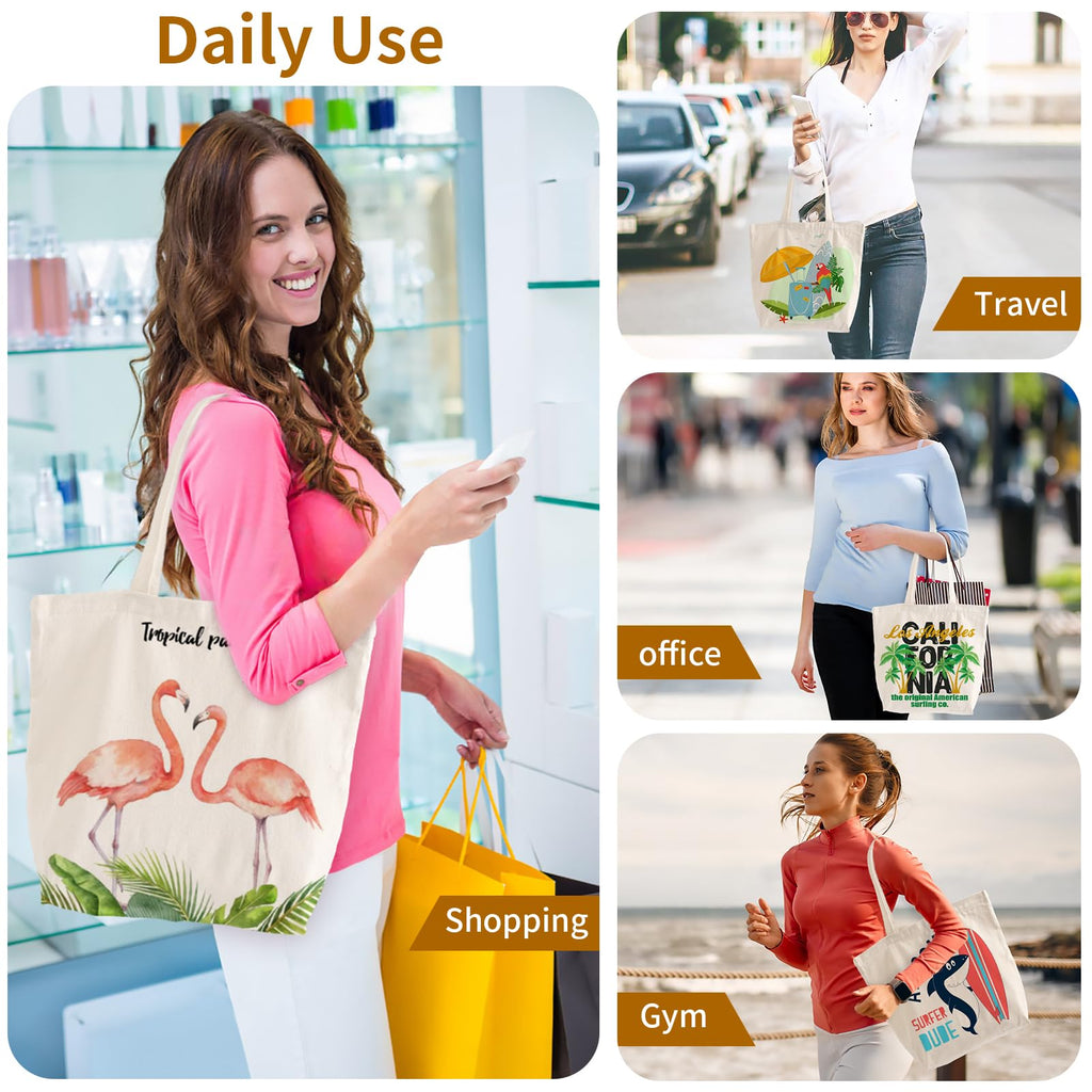 10 Pack Canvas Tote Bag with Zipper, OLSUNOR Reusable Grocery Bags with Long Handle, DIY Heat Transfer Sublimation Blanks Shopping Bags for Advertising, Birthday, New Year, Valentine's Day (Off-white)