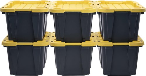 CX Black & Yellow 12-Gallon Heavy Duty Storage Bins - Stackable, Weather-Resistant Design | 6 Pack (12.51H x 16.3W x 21.8D)