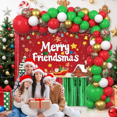 AIBIIN Christmas Balloon Arch Kit - 105pcs Friendsmas Party Decorations with Merry Banner & Foil Curtain