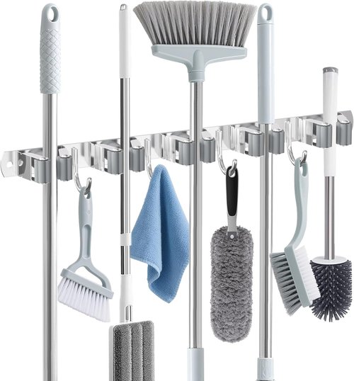 HANZENMA Broom Holder Wall Mount - Heavy-Duty Stainless Steel Organizer for Home & Garage | 5 Racks, 4 Hooks