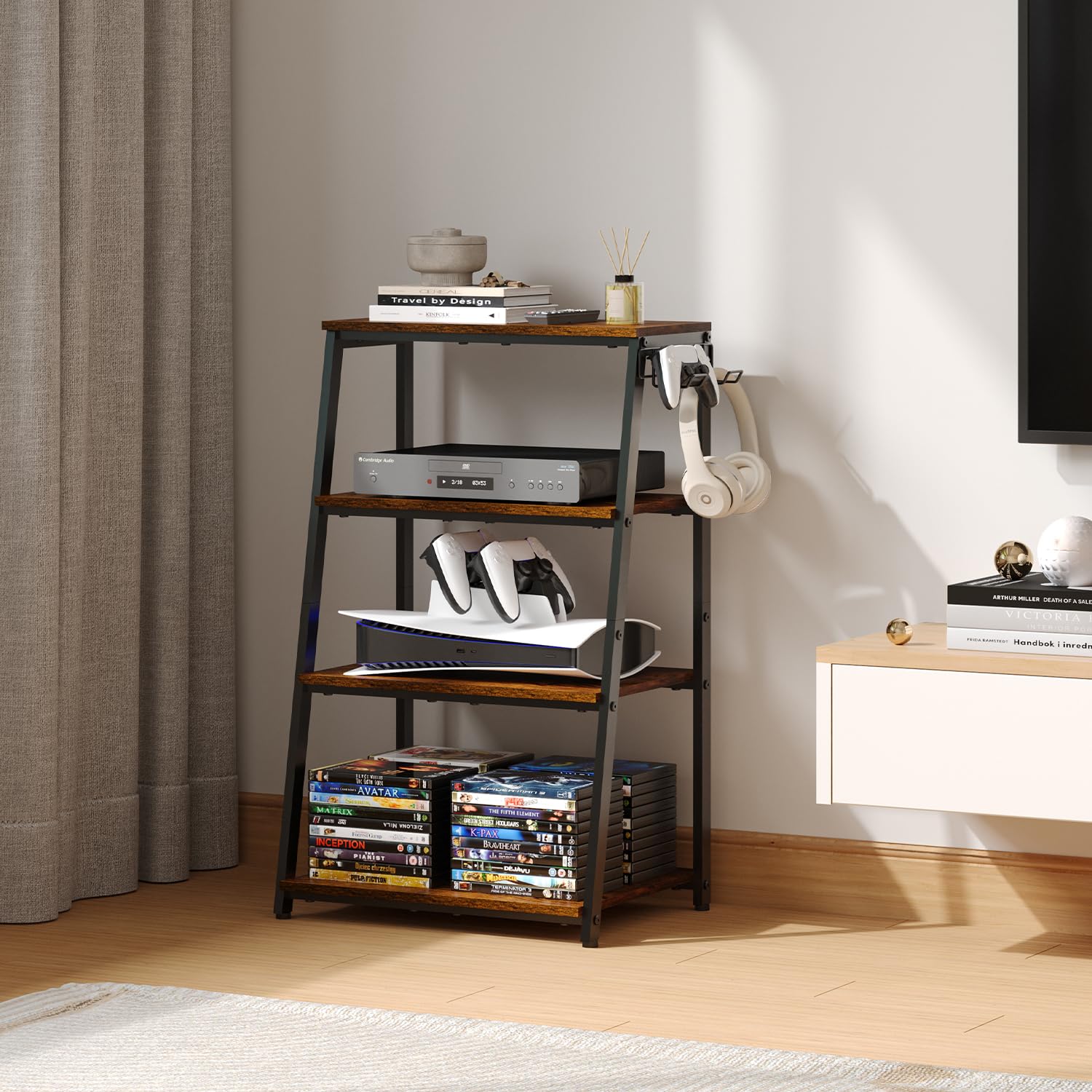 4-Tier AV Media Stand with 2 Hooks,Heavy Duty Stereo Cabinet Furniture-Large Stereo Rack and Game Console Stand,Wooden Record Player Stand,Audio Stand Perfect for DVD Players/Game Console/TV Box/Xbox