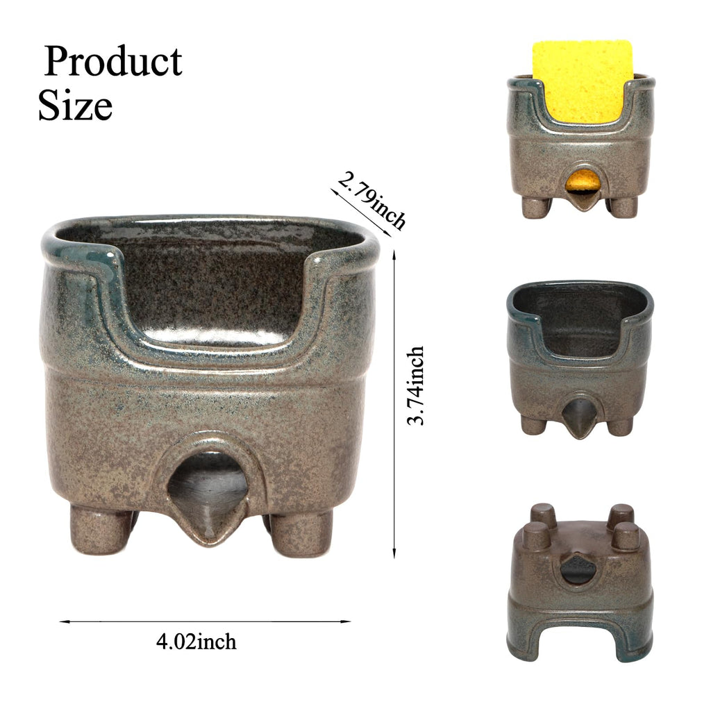wowhalolo Ceramic Sponge Holder with Drainage, Farmhouse Sink Caddy Organizer, Self Draining Design for Sponges,Soap,Brushes, Compact Rustic Kitchen Accessory, Keeps Counter Dry（Country Blue）