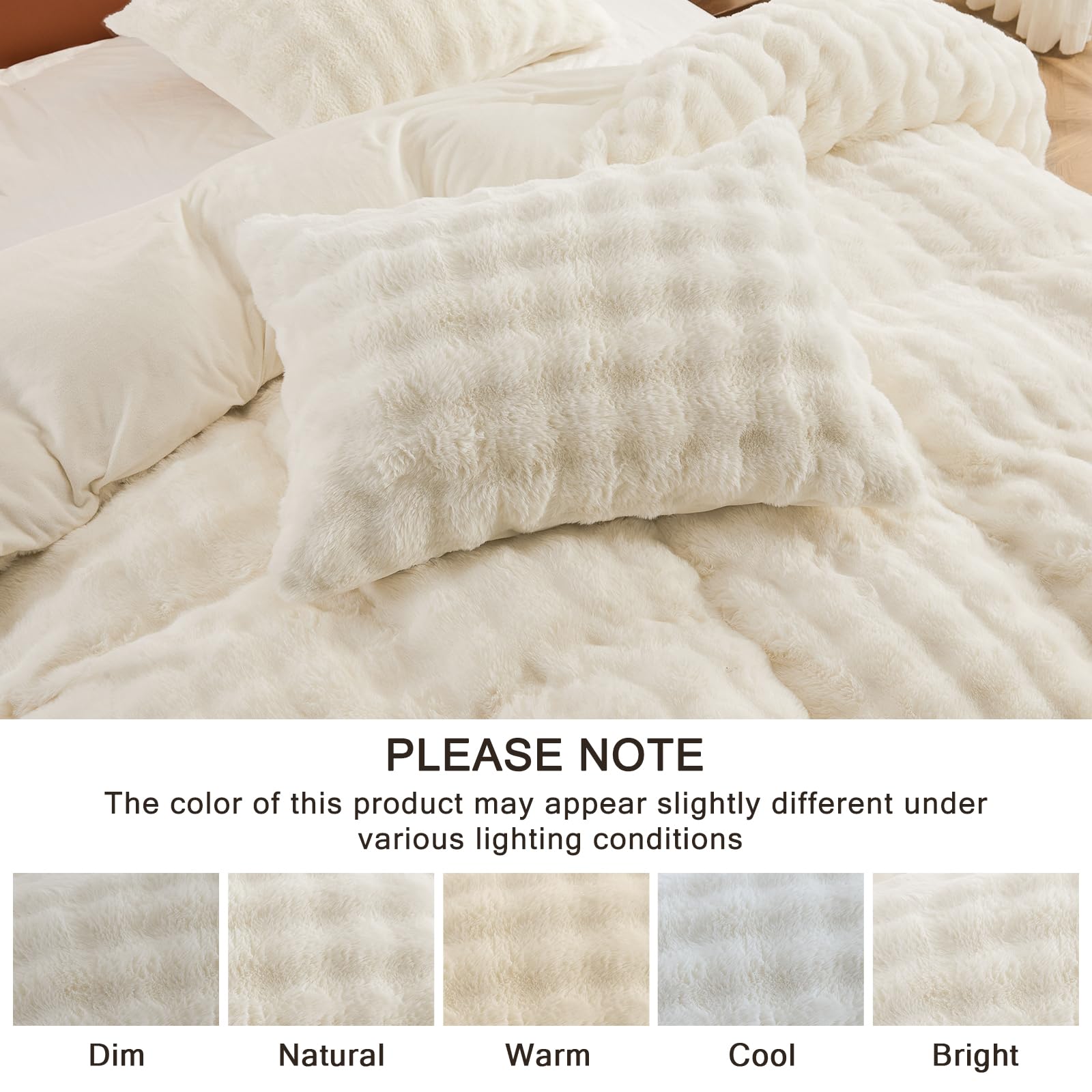 EMME Faux Fur Duvet Cover King Size, 3 Pieces Ultra Soft Fluffy Comforter Cover, Cozy Warm for Winter, Luxury Elegant Shaggy Bubble Design Bedding, 1 Duvet Cover & 2 Pillow Shams (King, Cream White)