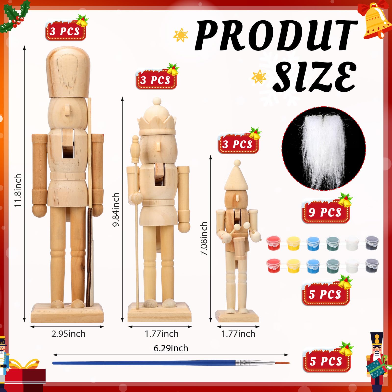 Vercraft 9 Set Unfinished Nutcracker Wooden Unpainted Nutcrackers Christmas Plain Paint Your Own Nutcracker Figurines Craft Kit Ornaments with Paint and Brush for Xmas Holiday Decoration