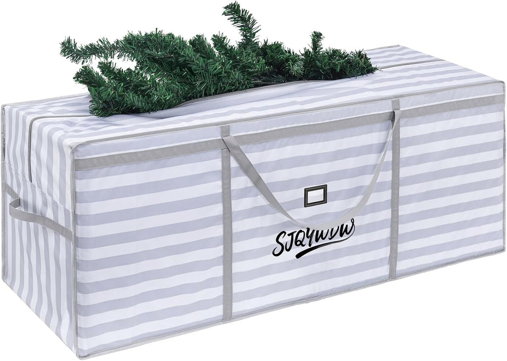 Skiennix Christmas Tree Storage Bag - Heavy Duty 600D Oxford Cloth with Double Mesh Pockets | 9 ft, Gray-White Stripes