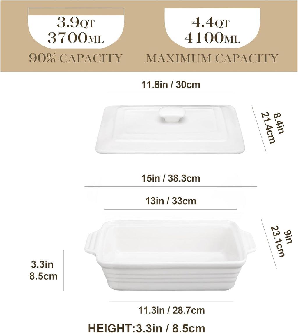 MALACASA Casserole Dish - 4.4 Qt Porcelain Baking Dish with Lid & Handles | Microwave Safe, White