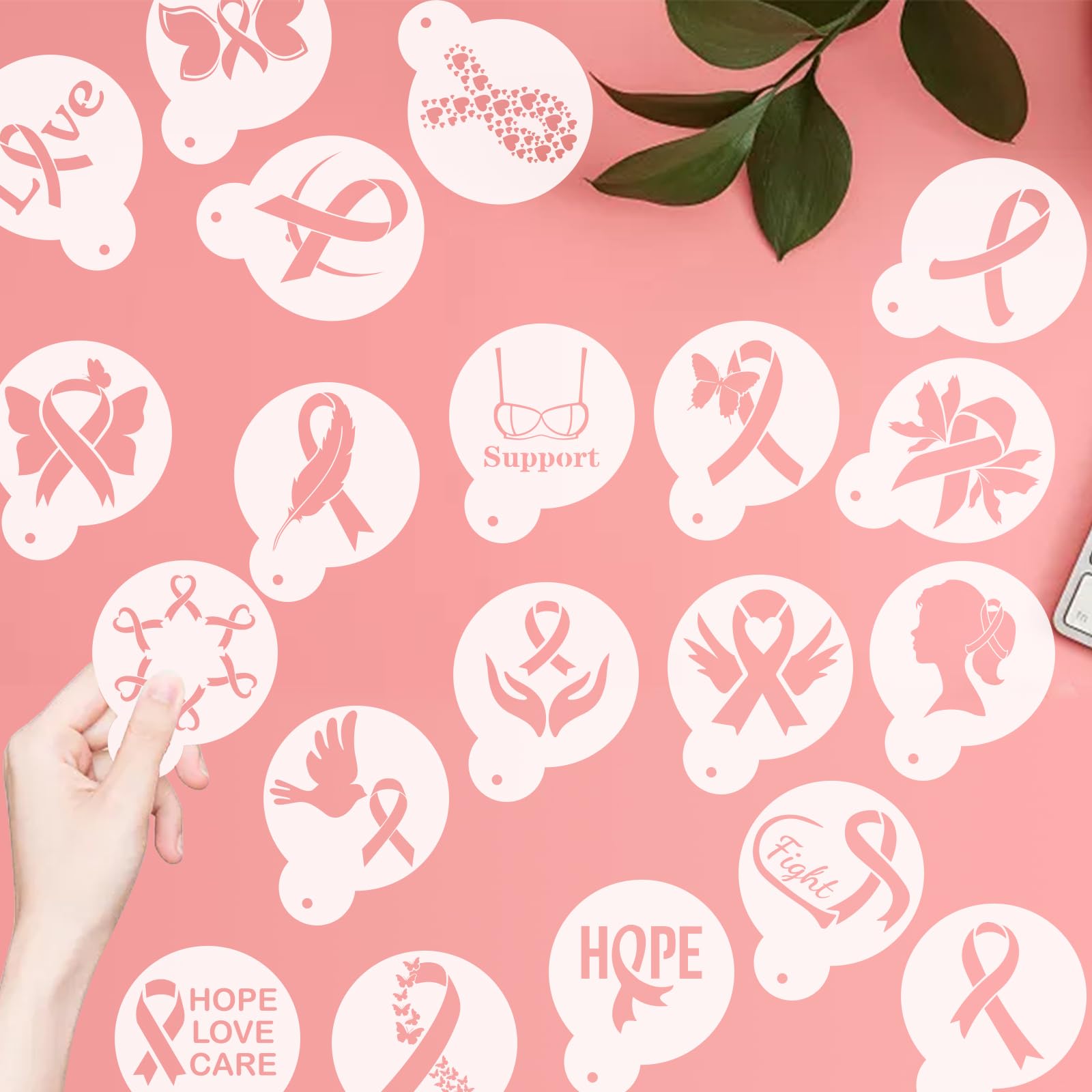 CIEMODA Cancer Awareness Coffee Stencil,Breast Cancer Awareness Stencils Set, 16pcs Pink Ribbon Reusable Cookie & Latte Art Stencils for Baking, Painting, and DIY Crafts