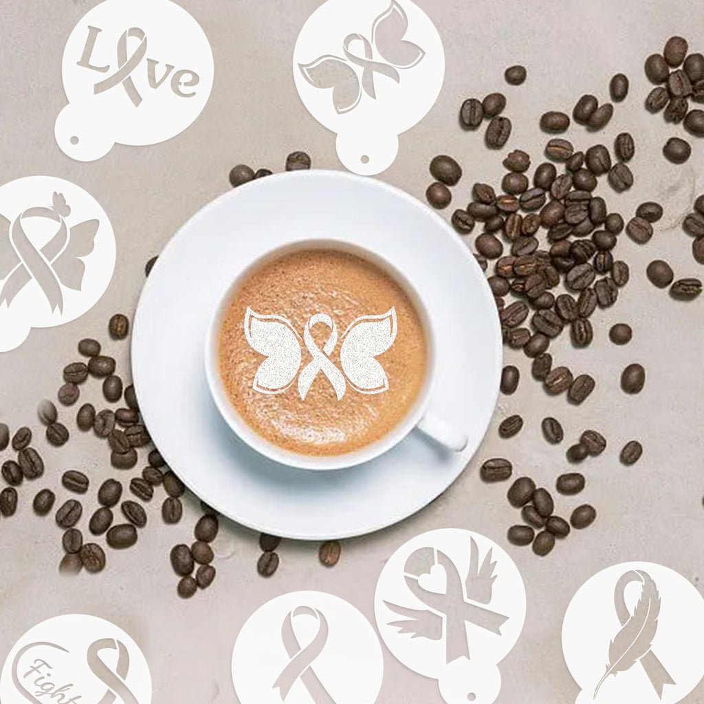 CIEMODA Cancer Awareness Coffee Stencil,Breast Cancer Awareness Stencils Set, 16pcs Pink Ribbon Reusable Cookie & Latte Art Stencils for Baking, Painting, and DIY Crafts