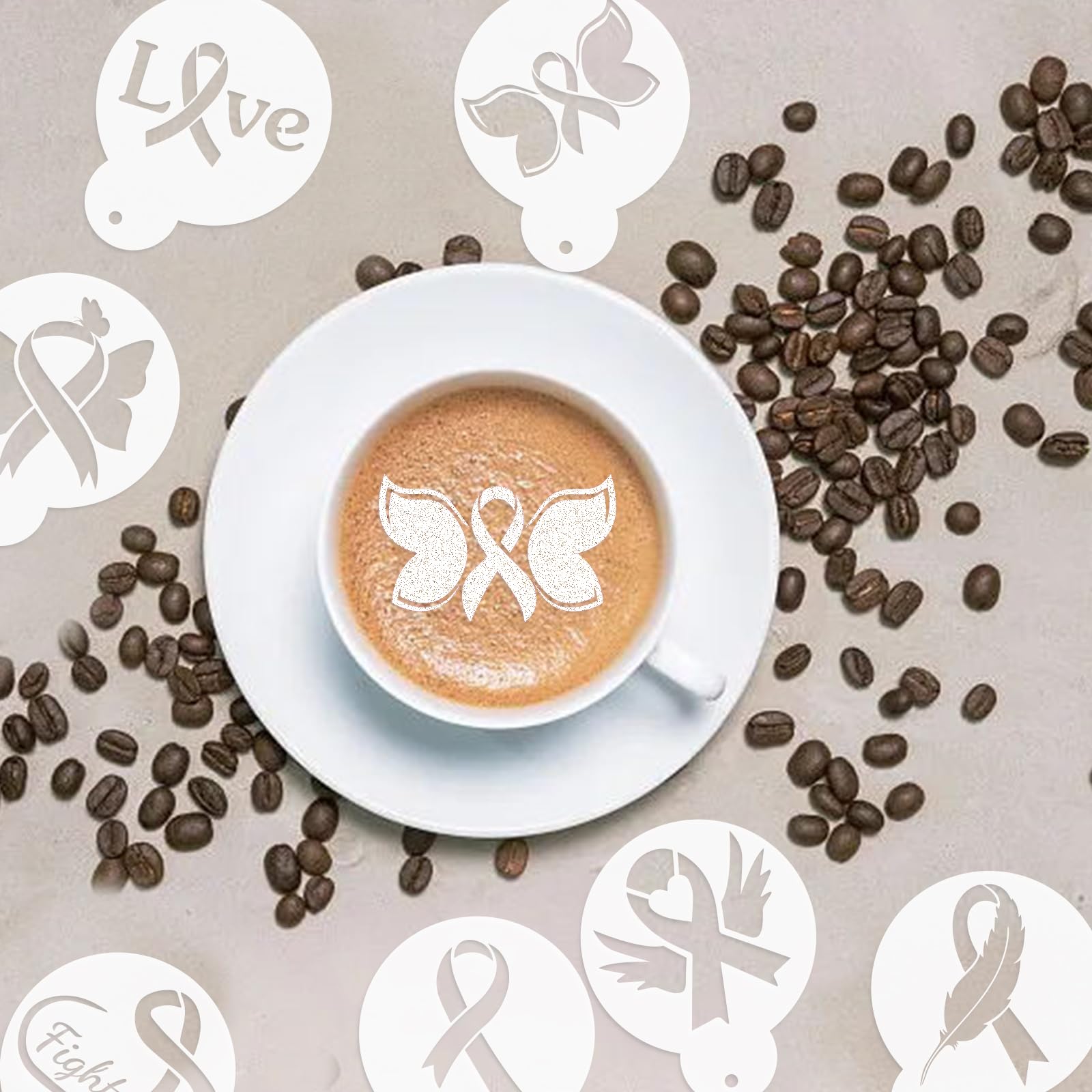 CIEMODA Cancer Awareness Coffee Stencil,Breast Cancer Awareness Stencils Set, 16pcs Pink Ribbon Reusable Cookie & Latte Art Stencils for Baking, Painting, and DIY Crafts