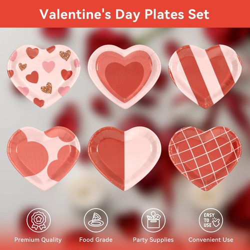 Jollyzaar Valentine's Day Paper Plates Set 60 Count, Heart Shaped 9'' Disposable Plates, Valentines Party Galentine's Day Table Decorations Supplies