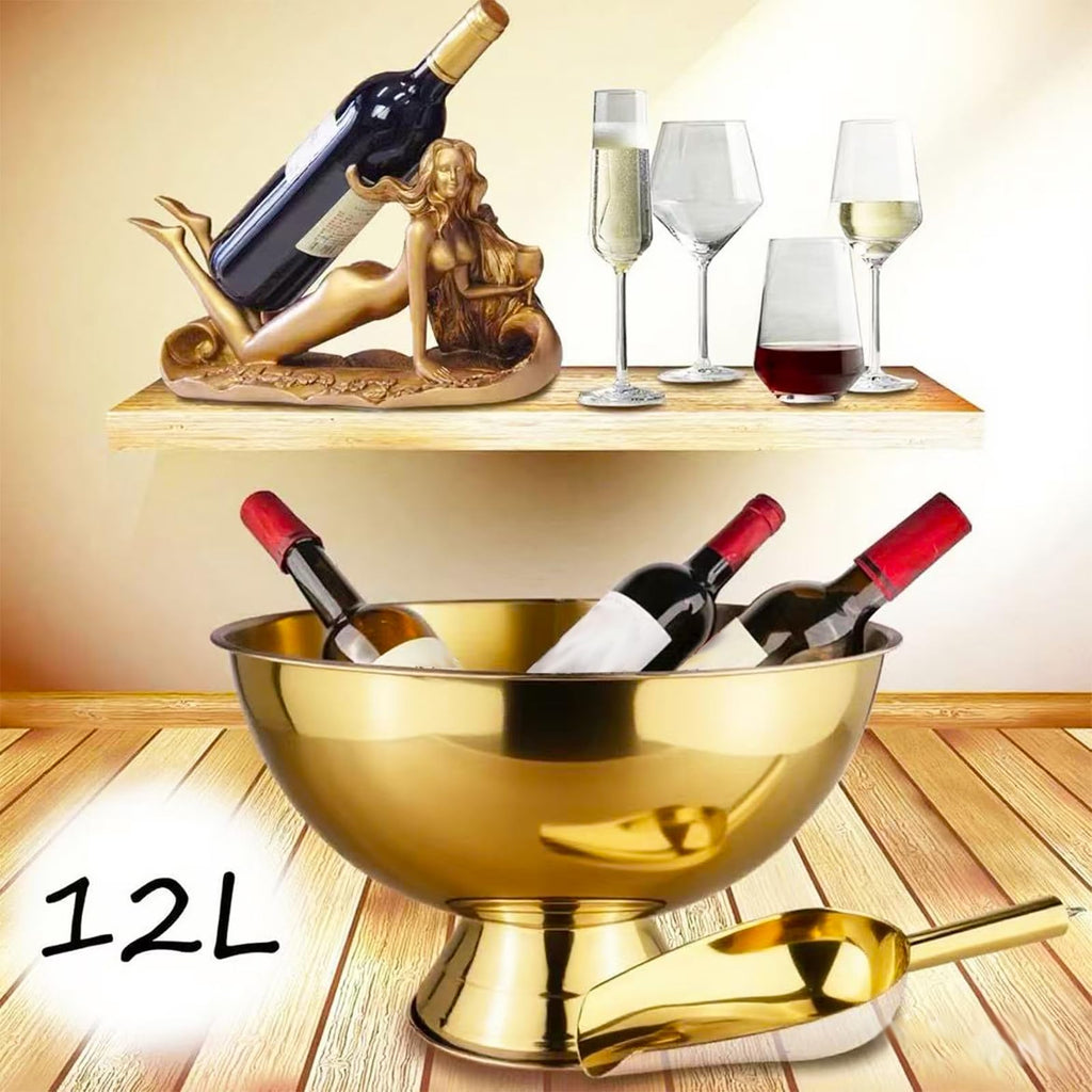 Mipau Large Champagne Bowl,12L Champagne Bowl Ice-Bucket with Scoop Stainless Steel Large Wine Bucket Big Ice Bucket for Parties Wine Beer Home Bar Celebrations,16in