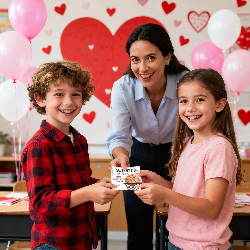 Hedeey 48 Pack Valentines Day Cards for Kids Classroom Basketball Valentine's Day Exchange Greeting Cards with Envelopes and Heart Stickers for Kids Classroom School Party Favors 4.3 * 4.3 inch