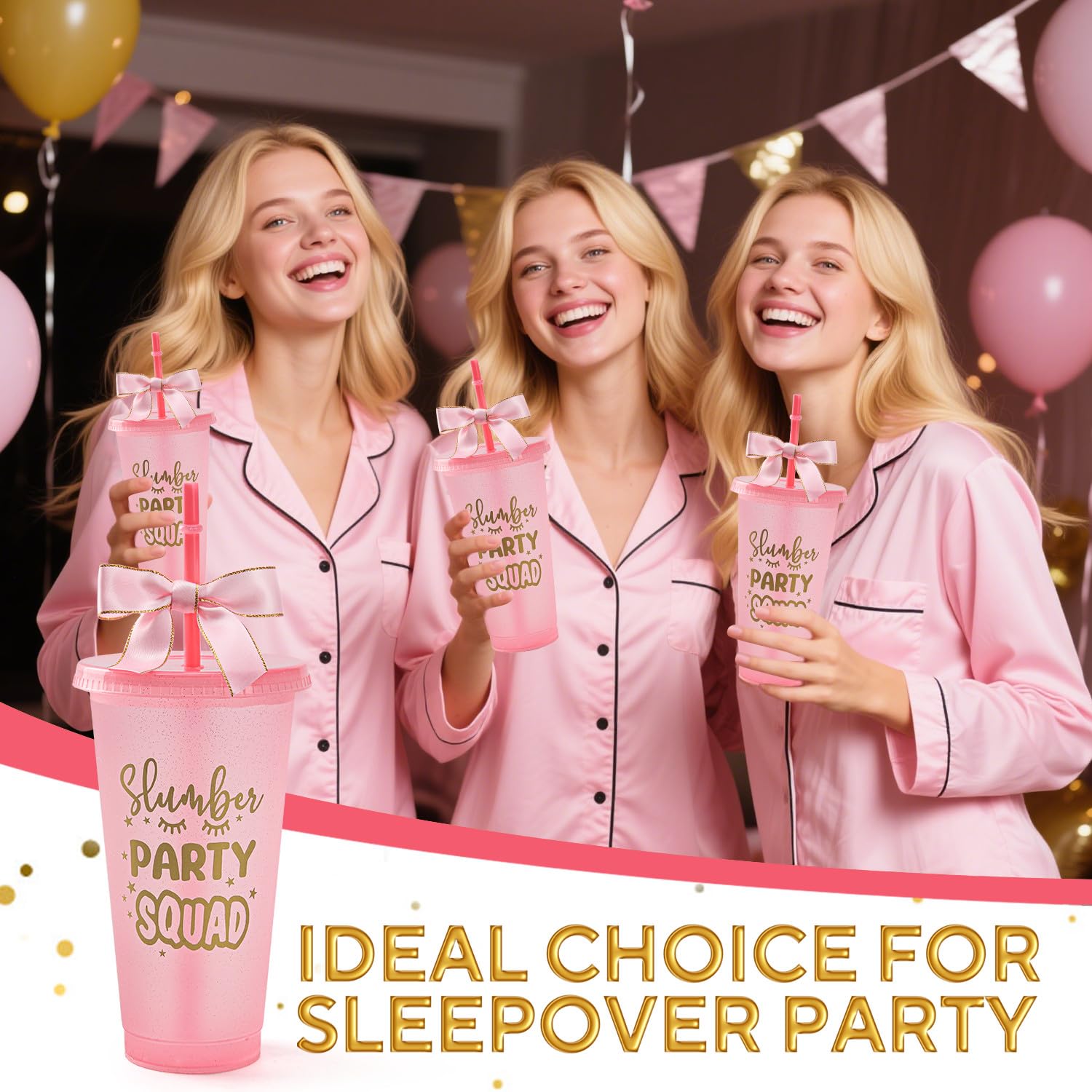 Yicentdp 6 Set Slumber Party Plastic Cups with Lid Straw and Twist Bow 24 oz Sleepover Tumblers Reusable Cups for Birthday Slumber Spa Party Supplies