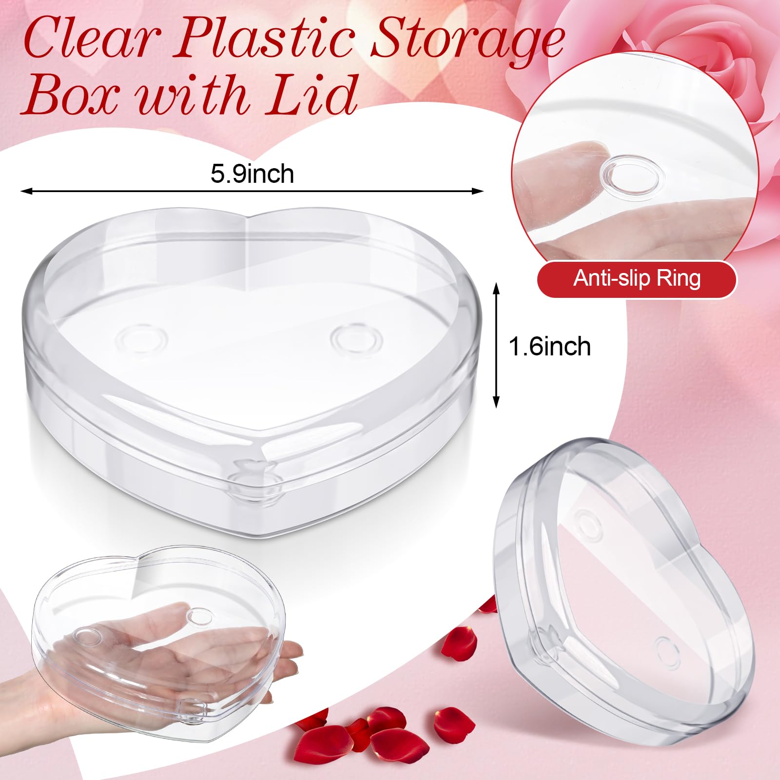 LOYIM 1 Pcs Heart Shaped Plastic Container, 5.9" W x 1.6" H Clear Plastic Storage Box with Lid and Anti Slip Ring Heart Dessert Plates Snack Tray for Mother Day Valentine Party Favor