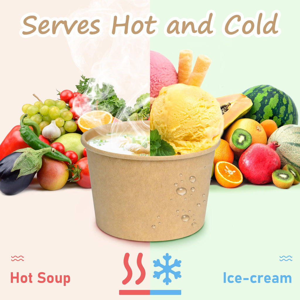 ESSENTIAL Paper Ice Cream Cups with Lids, 120pcs 8oz Disposable Dessert Bowls with Lids for Hot or Cold Food, Paper Snack Containers for Sundae, Frozen Yogurt, Soup (Brown)