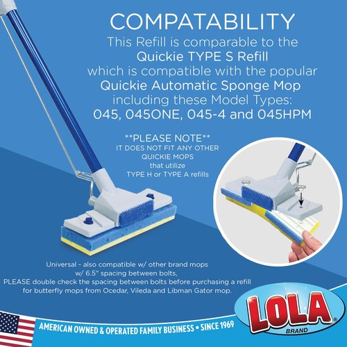 LOLA Squeeze Matic Butterfly Sponge Mop Refill, 9", 2 Pack Replacement Head, Floor Cleaning, Comparable w/Quickie Type S Sponge Mop Refill