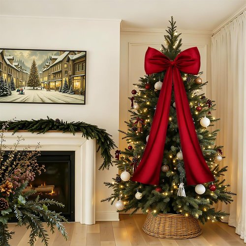 JOICEE Extra Large Christmas Tree Topper Bow, 20 x 47 Inches Christmas Wine Red Stain Bow Giant Xmas Wreath Bows Decorations for Tree Topper Door Home Wall Party Holiday Birthday Wedding Decor