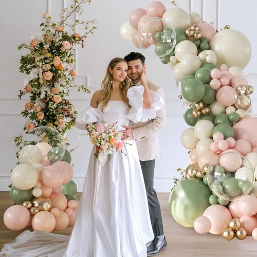 Sage Green Pink Gold Balloon Arch Kit 132Pcs Sage Green Pink Peach Ivory White Gold Clear Balloons for Boho Wildflower Baby Shower Bridal Shower Birthday Party Tea Party Decorations