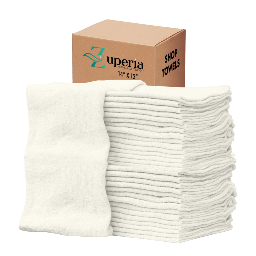 ZUPERIA Cotton Shop Towel – Multipurpose Cleaning Cloths (14" x 12" - Pack of 150 - White) Reusable Shop Rags for Automobiles, Industrial, Restaurants, Garage, and Homes