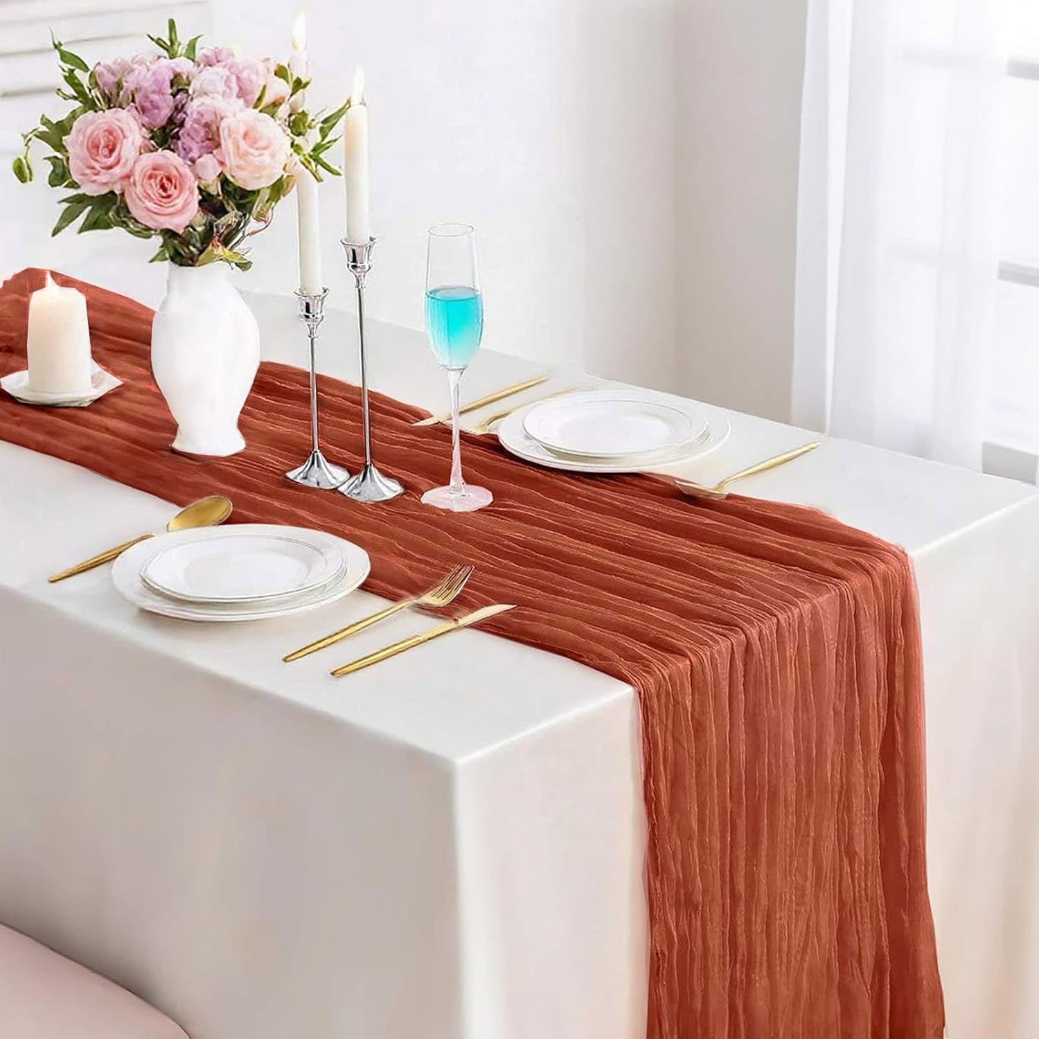 Skiennix Terracotta Cheesecloth Table Runner - 13.3 Ft Burnt Orange Boho Rustic Decor for Weddings & Holidays