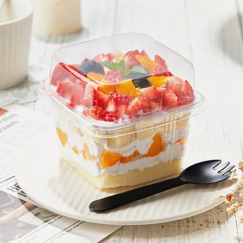 TOFLEN 100Ct 8 oz Square Plastic Dessert Cups with Lids and Sporks, Clear Plastic Yogurt Parfait Cups Cake Cup for Mousse, Fruit, Banana Pudding Cup