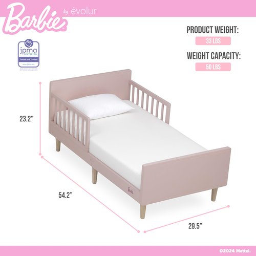 Evolur Barbie Los Altos Wooden Toddler Bed, Blush Pink – Greenguard Gold & JPMA Certified – Low-to-Floor Kids Bed for Girls – Fits Standard Crib Mattress