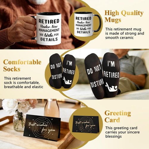 Cabtnca 8 Pcs Retirement Gifts for Men Funny Retirement Gift for Men 2026, for Coworker Dad Boss Grandpa Teachers, Includes Mug Hat Candle Socks Dice Pen Greeting Card, Retired Gifts for Man