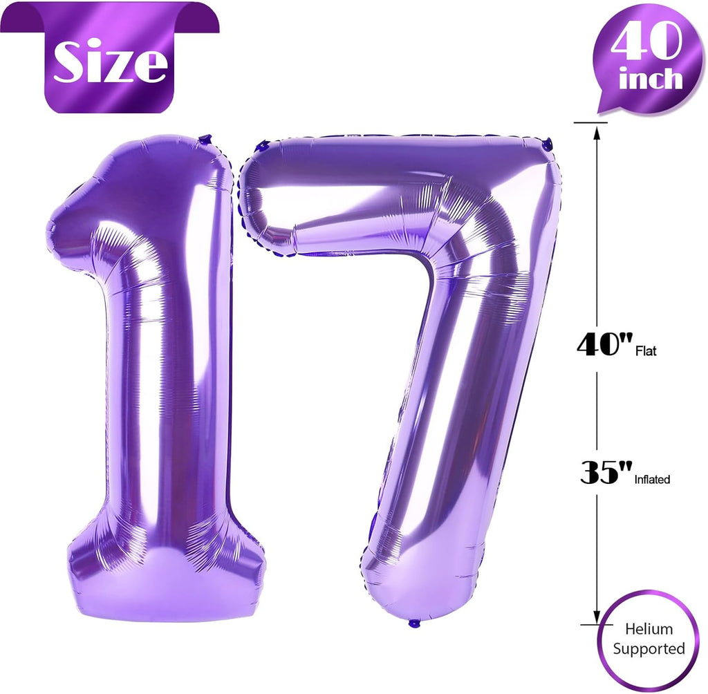 Purple Number 17 Balloon - 40 Inch Giant 17th Birthday Decoration for Girls & Boys Party Supplies
