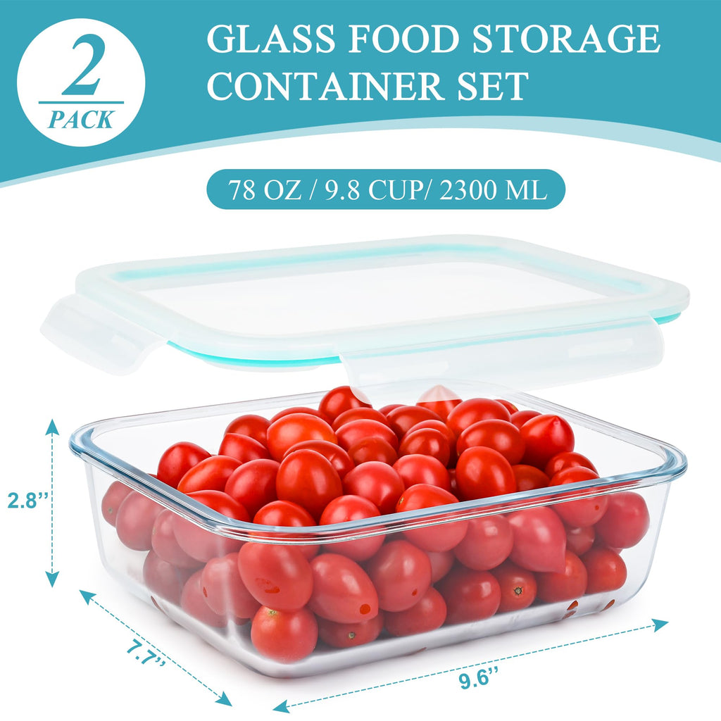GEHE 9.8 Cup / 78 Oz Large Glass Food Storage Containers with Lids, 2 Pack Glass Meal Prep Containers Set with Airtight Locking Lids - Storing Food, Baking, Leakproof, Freezer, Microwave & Oven Safe