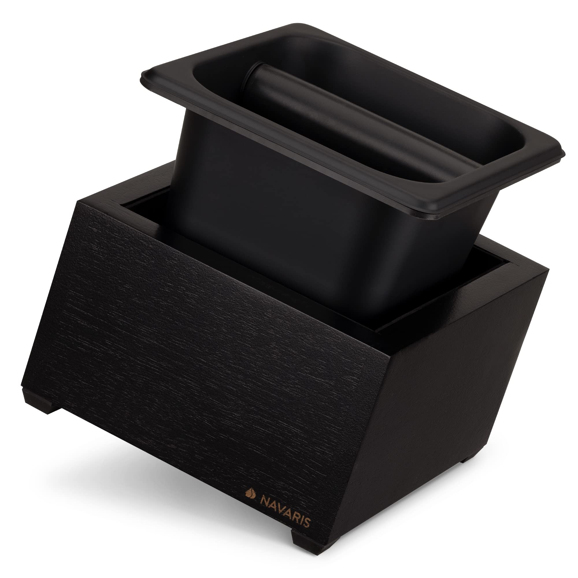 Navaris Coffee Knock Box - Stainless Steel and Wood Bin for Espresso Machine Coffee Grounds - With Silicone Bar for Knocking Filter Grinds - Black
